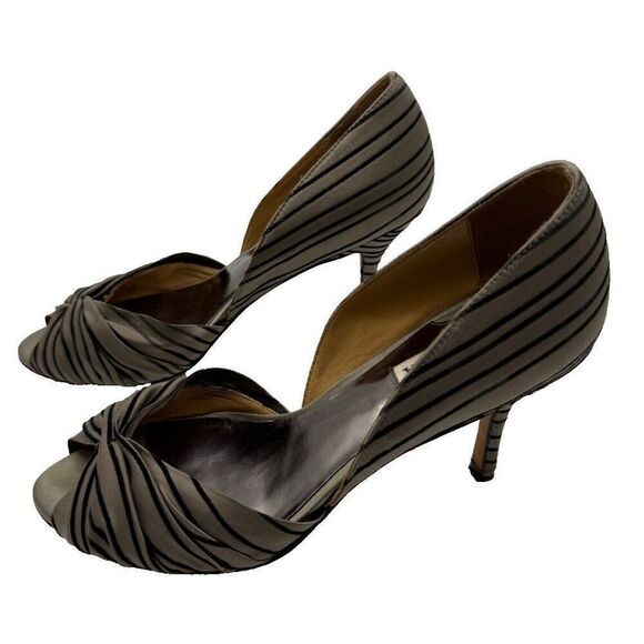 Badgley Mischka Taupe Black Stripe Peep Toe Heels Size 9 - Picture 3 of 10